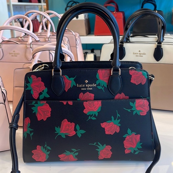 Kate Spade Madison Safiano Leather Medium Rose Toss Print Satchel Handbag Black - Picture 16 of 16